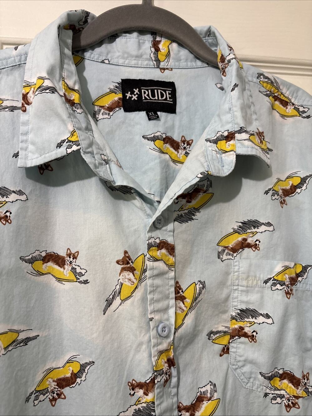 xxx Rude Mens Light Blue Button-Up Shirt Size XL Surfing Corgi Short Sleeve Dogs